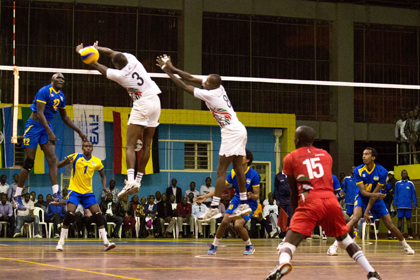 Kenyan players couldn't control Lawrence Yakan's strong spikes as Rwanda edged past Kenya 3-2 in the Zone 5 championship and qualified for the All Africa Games. (T. Kisambira)