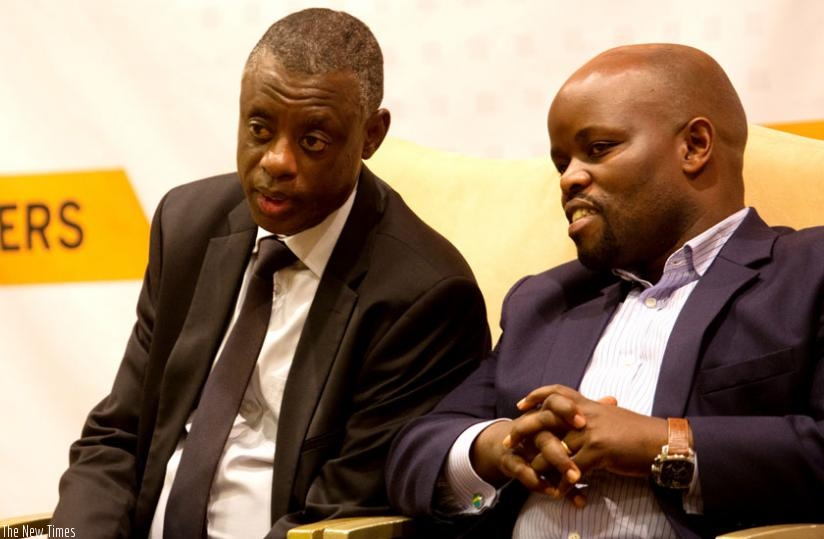 Kabarebe (L) and Nsengimana at the  ITU cyber security conference yesterday. (T. Kisambira)