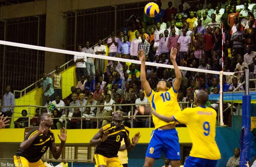 National Volleyball team in action against Uganda in the Zone V championship, Rwanda won 3-2, something Bitok attributes to thorough preparations. The National side is expected to start training for the Africa Men's championship soon. (Sam Ngendihimana)