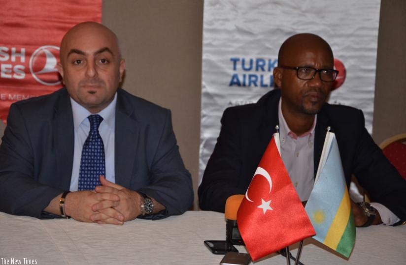 Turkish Airlines country manager Burcin Isler (L) and Rwanda Cycling Federation Chairman Aimable Bayingana during the press briefing yesterday. (Sam Ngendahimana)