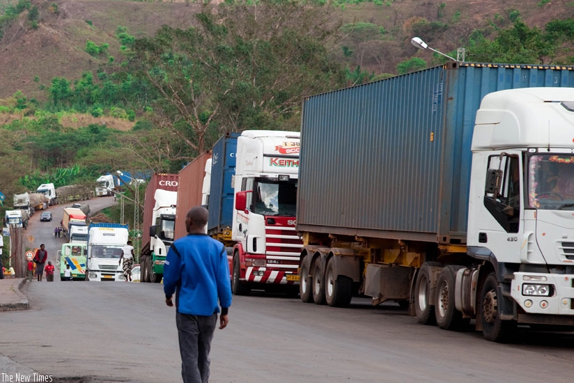 Trucks from Tanzania line up at Rusumo border waiting for clearance. (File)