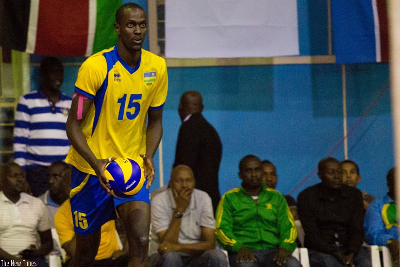 Nelson Murangwa prepares to serve the ball against Uganda in the Zone V recently.  (T. Kisambira)