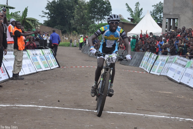 Team Rwanda's Samuel Mugisha crosses the finish line in the men's junior race at African Mountain Bike Continental Championships on Saturday. (Courtesy photo).