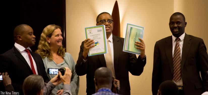 State minister for Primary and Secondary Education Olivier Rwamukwaya,u00a0(L) Ms. Noala Skinner u00a0UNICEF Representativeu00a0tou00a0Rwanda, Education minister Silas Lwakabamba (C) and  Director-General of REB, Janvier Ismael Gasana, during the launch of the new curriculum in Kigali,u00a0last month. (T. Kisambira) 