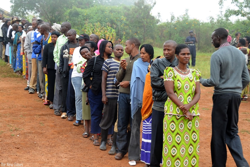 Voters line up during an electoral exercise in Kicukiro District on April 12. (File)