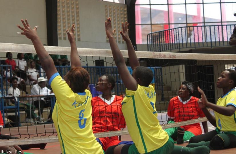 The National Sitting women volleyball team (yellow) play Kenya in a previous Zone 5 paravolleyball event in Nairobi. Rwanda wants to send both the men and women teams to paralympics. (Courtesy)