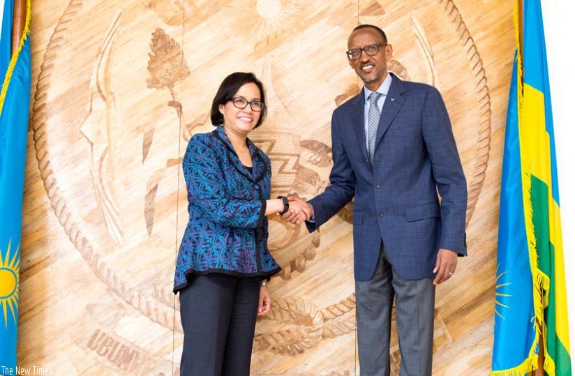 President Kagame meets World Bank managing director and chief operating officer, Sri Mulyani Indrawati, at Village Urugwiro in Kigali yesterday. (Village Urugwiro)