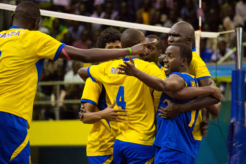 The National Volleyball team celebrate after winning the Zone 5. Rwanda will send two teams the indoor and Beach Volleyball teams to the All Africa Games. (T.Kisambira)