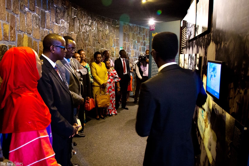 Senators watch a video documentary of the 1994 Genocide against the Tutsi at Kigali Memorial Centre in Gisozi yesterday. (All photos by Timothy Kisambira)
