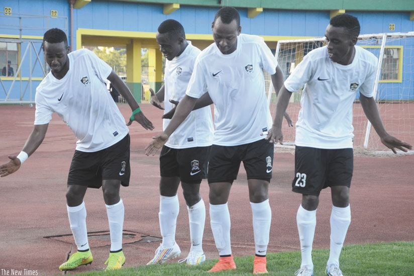 APR players celebrate after scoring against Isonga. The Champions want a perfect end to the season with a win over Sunrise. (Sam Ngendahimana)