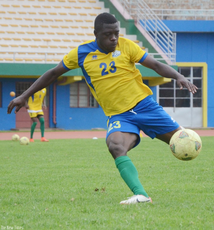 Isaie Songa, during a training seesion yesterday. He netted Rwanda's goal against Somalia in the 1-1 draw 10 days ago. (S. Ngendahimana) 
