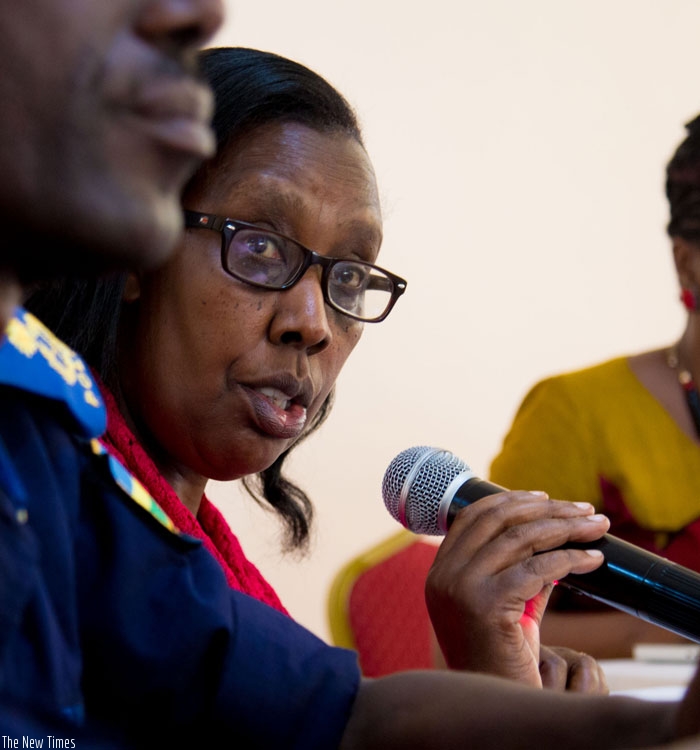 Rose Rwabuhihi, the Chief Gender Monitor, speaks at the roundtable meeting on women, peace and security in Kigali, yesterday. (Doreen Umutesi)