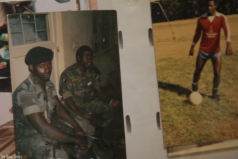Faustin Kunde (L) in Ex-FAR uniform with a friend at the Kanombe Military Camp pre-1994. He was an avid football player. (Faustin Niyigena)