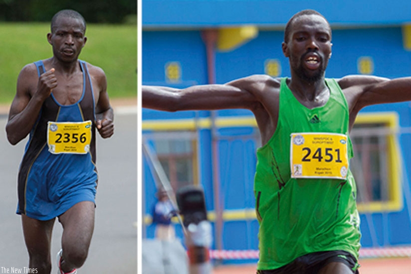 Rwanda's Ruvubi  (L) finished a historic second in a race won by Kenya's Ezekial Omullo Kemboi, seen here celebrating as he crossed the finish line to win the men's full marathon, yesterday. (T. Kisambira)