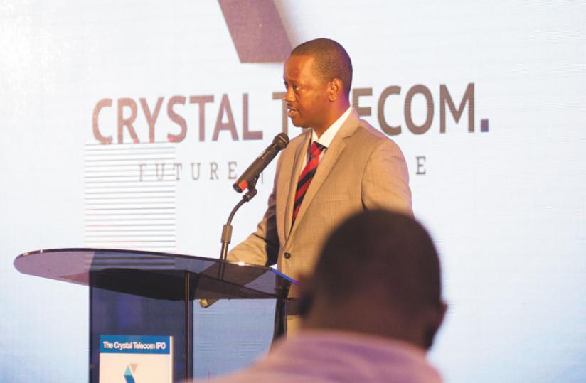 Jack Kayonga, the chairman of Crystal Ventures, speaks during the Initial Public Offering launch at the Kigali Serena Hotel last week. (Timothy Kisambira)