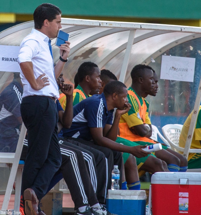 Johnny McKinstry (standing) believes that Rwanda U-23 side still has a chance against Uganda despite trailing 2-1. (Timothy Kisambira)