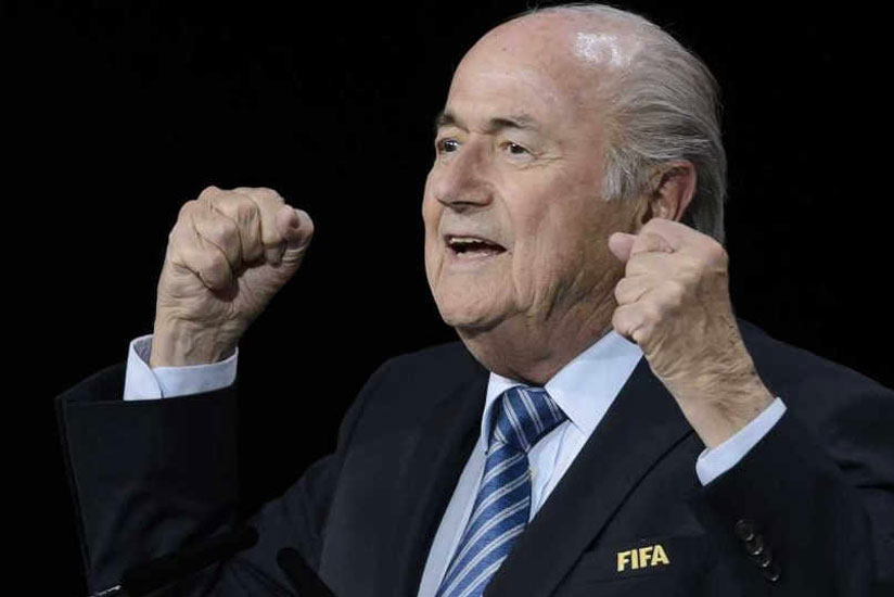 A triumphant Blatter was all smiles after winning the election held at FIFA headquarters in Zurich, Switzerland yesterday. (Net photo)