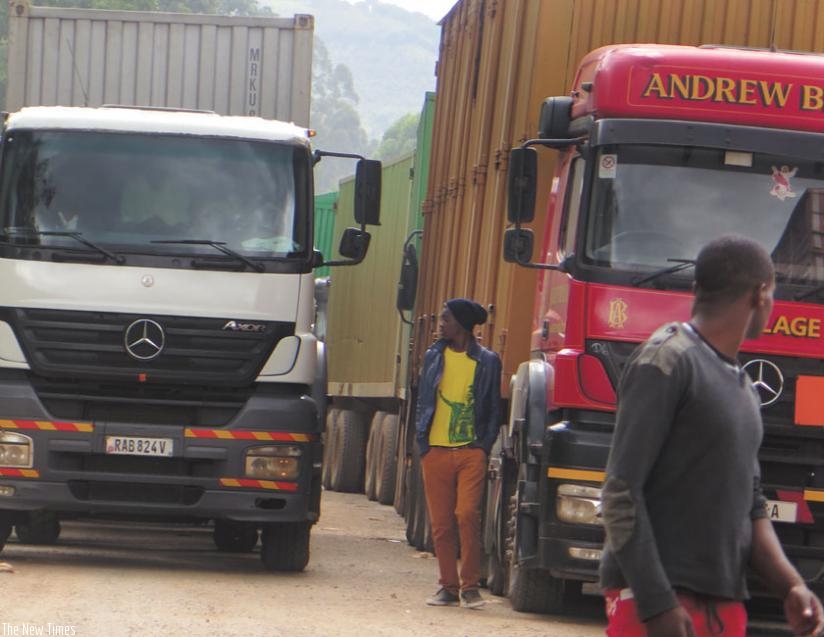Cargo trucks at Gatuna on the Uganda/Rwanda border. Rwanda's trade with neighbours has increased tremendously over the past few years. However, the presence of some NTBs threaten further growth of regional trade. (Stephen Nuwagira)