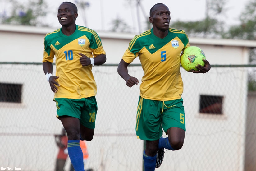 Kagere (in-front) celebrates with striking partner, Ndahinduka after scoring the second goal in the 2-0 win against Congo Brazzavile last year. (File)
