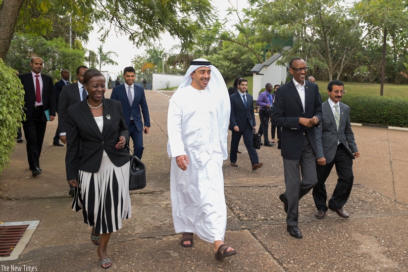 President Kagame receives UAE Foreign Affairs Minister Sheikh Abdulla bin Zayed al Nahyan at Village Urugwiro in Kigali yesterday. Left is Foreign Affairs Minister Louise Mushikiwabo. (Village Urugwiro)