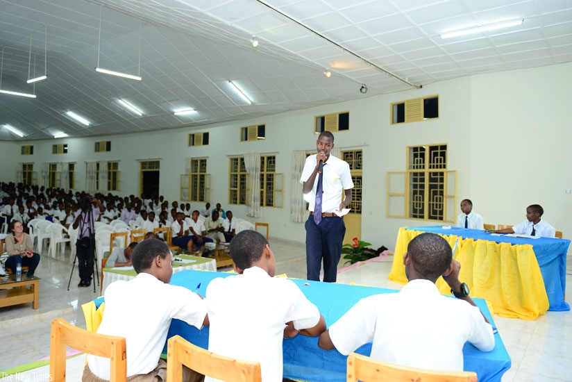 A student airs his views  during last yearu2019s inter schools debating competition in Kigali. (File)