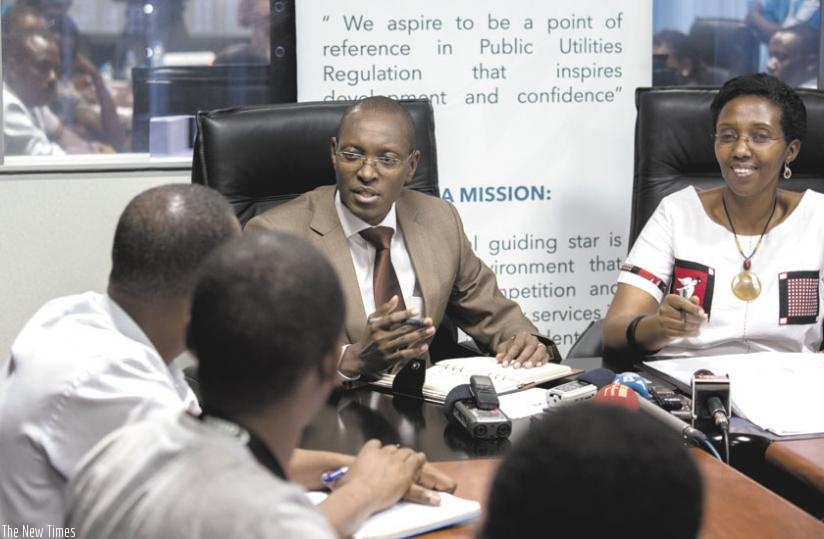 RURA director-general Patrick Nyirishema (L), and board chair Eng. Collette Ruhamya, brief the media on the ban of BBC-Kinyarwanda service last month. (Timothy Kisambira)