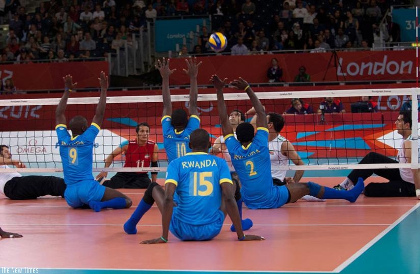 Rwanda men's sitting volleyball team, in action against Morocco at the 2012 London  Paralympic Games. (Courtesy)
