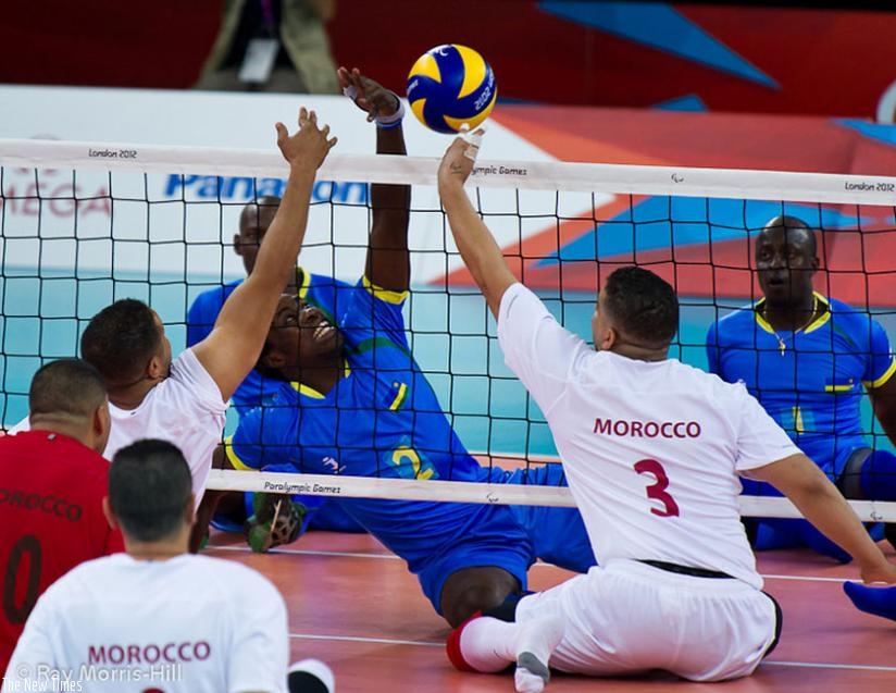 Vincent Tuyisenge defends against Morocco's Hicham El Jamili at the 2012 London Paralympic Games. Rwanda won 3-1 against Morocco in the 9-10 Classification match. (Courtesy)