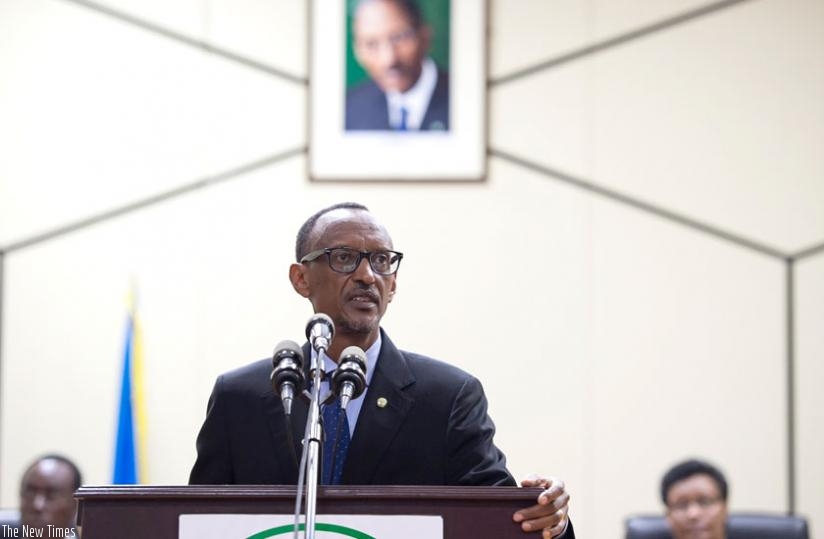 President Kagame speaks at Parliament as he presides over the swearing in of new Education minister, legislators and judges yesterday. (Village Urugwiro)