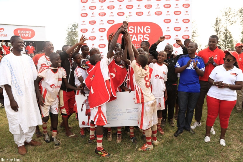 Gatsibo football academy seen here celebrate after lifting the Eastern Zone trophy last Sunday. (Courtesy)