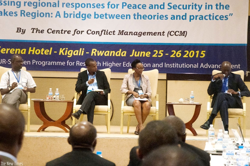 L-R; Frederick Goloba-Mutebi, a political scientist from Uganda, Felix Mukwiza Ndahinda, an assistant professor at Tilburg University, and Valerie Vat Kamatsiko, a regional peacebuilding advisor with World Vision, during the meeting. (Courtesy)