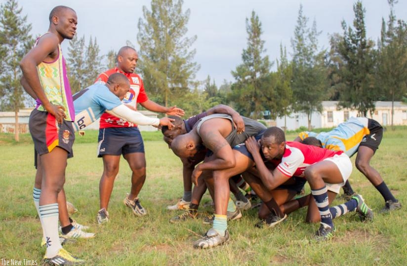 Itanzi (3rd from left) tips the forwards on a scrum down during a session at Utexrwa grounds recently. (Stephen Kalimba)