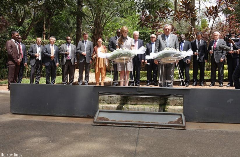 Members of the UN Security Council pay respects to the victims of the 1994 Genocide against the Tutsi during a visit to the Kigali Genocide Memorial Centre in October 2013. The UN and western powers have continued to look the other way with regard to the threat posed by the DR Congo-based FDLR militia, 21 years after the Genocide. (File)