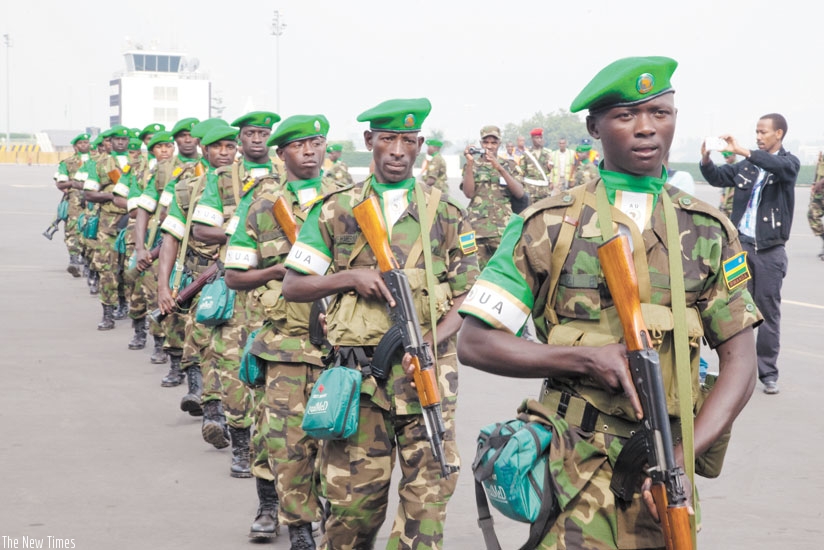 RDF troops head to Central Africa Republic on a peacekeeping mission. With more than 5000 Rwandan peacekeepers deployed in different parts of world, Rwanda is currently the 5th largest contributor of peacekeepers globally. (File)