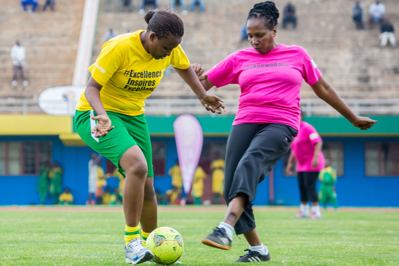 Radegonde Ndejuru (R), the Director General of Imbuto Foundation, during the Imbuto-organised Football for Fun tournament . (Timothy Kisambira)