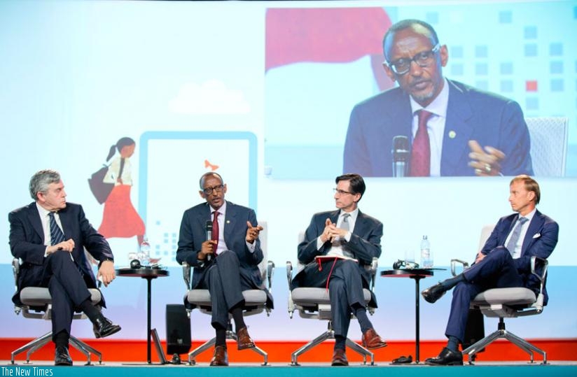 President Kagame with former British Prime Minister Gordon Brown (L), Keith Hansen, the Global Practices vice-president at the World Bank (2nd R), and Mark Dybul (R), the executive director of the Global Fund to fight Aids, Tuberculosis and Malaria, at the Global Summit on Education for Development in Oslo, Norway yesterday. (Village Urugwiro)