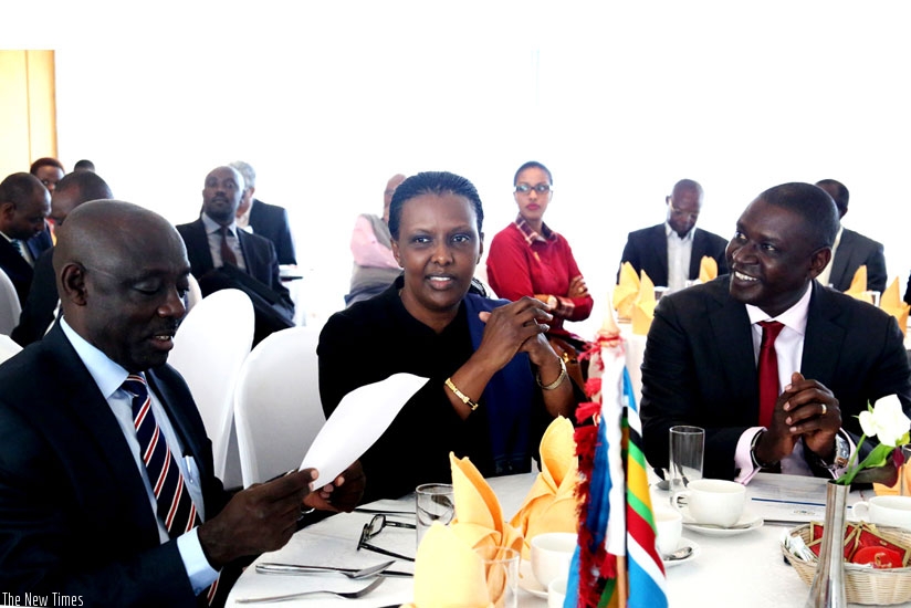 The Chairperson of the East African Business Council, Denis Karera (L),   Amb. Rugwabiza (C) and Gasamagera at a meeting in Kigali last year. (File)