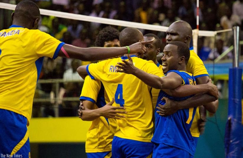 The National Volleyball team celebrate after winning the Zone 5 early this year at Amahoro indoor stadium. (File)