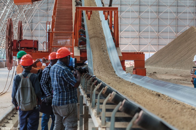 Cement on a conveyor belt at the new plant. Cimerwa targets 600,000 tonnes of cement per year. (Timothy Kisambira)