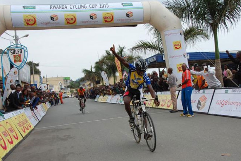 Joseph Aleluya celebrates after winning the Kivu cycling race in April. (File photo)