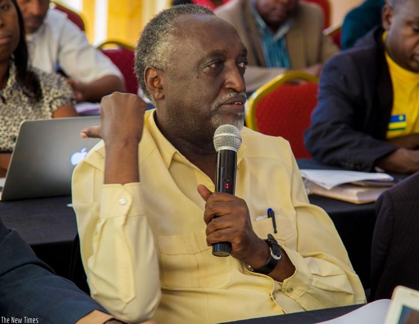 Rutaremara explains the key issues to tackle while collecting data for the 2015 Reconciliation Barometer during the consultative meeting in Kigali on Friday. (All photos by Doreen Umutesi)