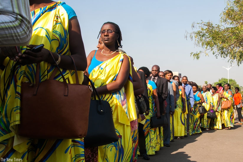 Many women turned up at Parliament dressed in the popular Rwandan Mushanana attire. Women credit Kagame with empowering them in all spheres of life. (Faustin Niyigena)