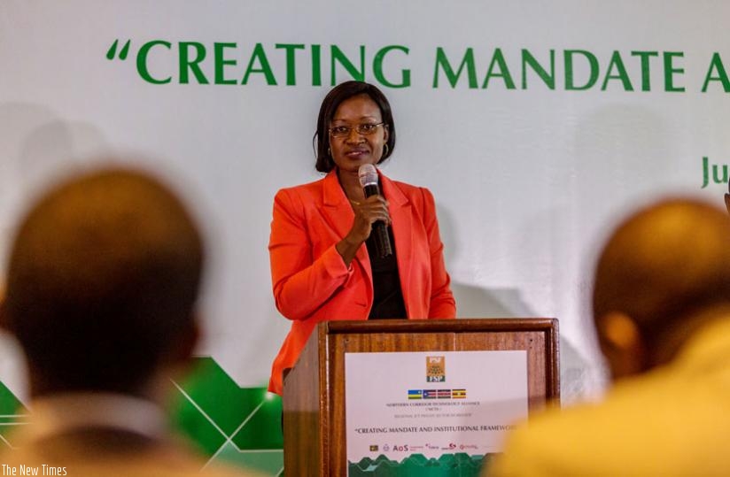 Mukaruliza speaks at the launch of the joint initiative in Kigali yesterday. (Timothy Kisambira)