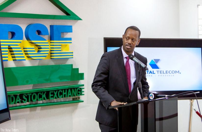 Kayonga speaks during  the sale of Crystal Telecom shares on RSE yesterday. (T. Kisambira)