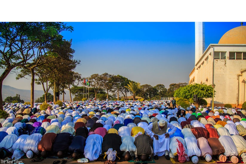 Muslim faithful pray at Kigali Muslim Cultural Centre in Nyamirambo yesterday to mark the end of the Islamic holy month of Ramadhan. (All photos by Timothy Kisambira)