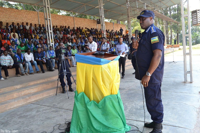 IGP Emmanuel Gasana addressing motorcyclists that operate in Nyanza and Gisagara districts. (Courtsey)