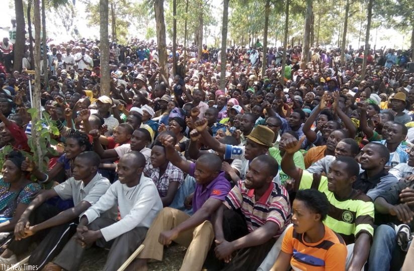 Thousands of citizens take part in term limit discussions with MPs in Rwamagana yesterday. (Stephen Rwembeho)