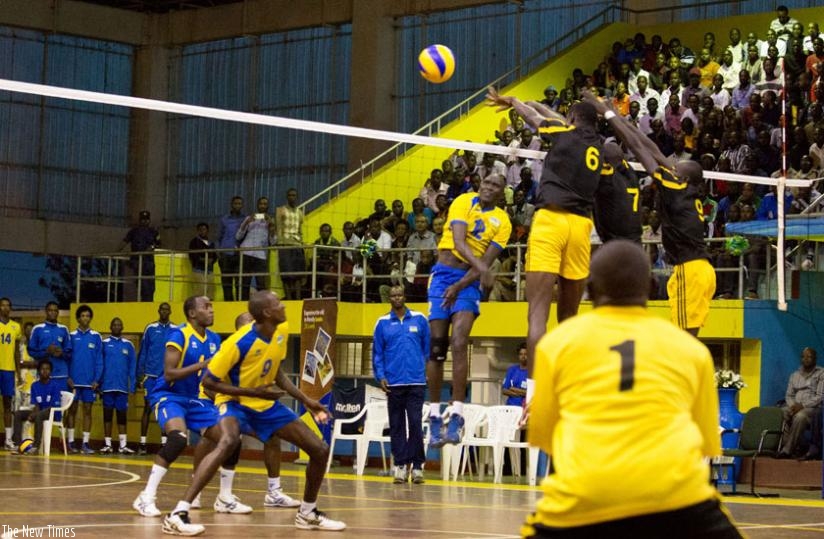 Assistant captain Lawrence Guma Yakan (number 12 in yellow) at the Zone V tournament in April, was Rwanda's top scorer against Mauritius. (T. Kisambira)