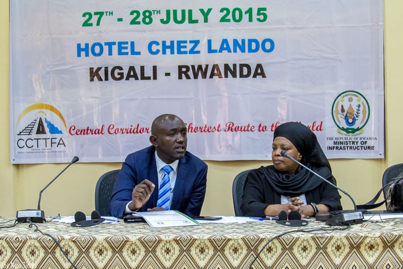 Nathan Gashayija (L), the chairman of Central Corridor stakeholders consultative meeting and Shamte at Chez Lando Hotel yesterday. (All photos by Doreen Umutesi)
