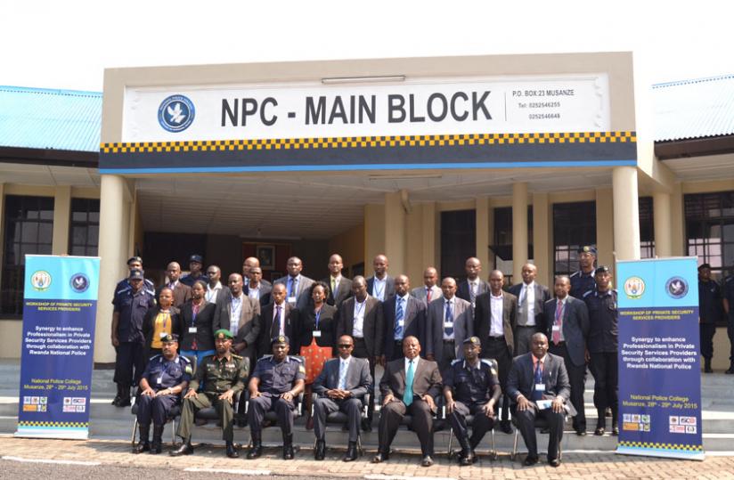 The Minister of Internal Security, Sheikh Mussa Fazil Harerimana, the Inspector General of Police (IGP) Emmanuel K. Gasana, Senior Police Officers and representatives of private security companies during the training at National Police College in Musanze District. (Courtesy)rnrn